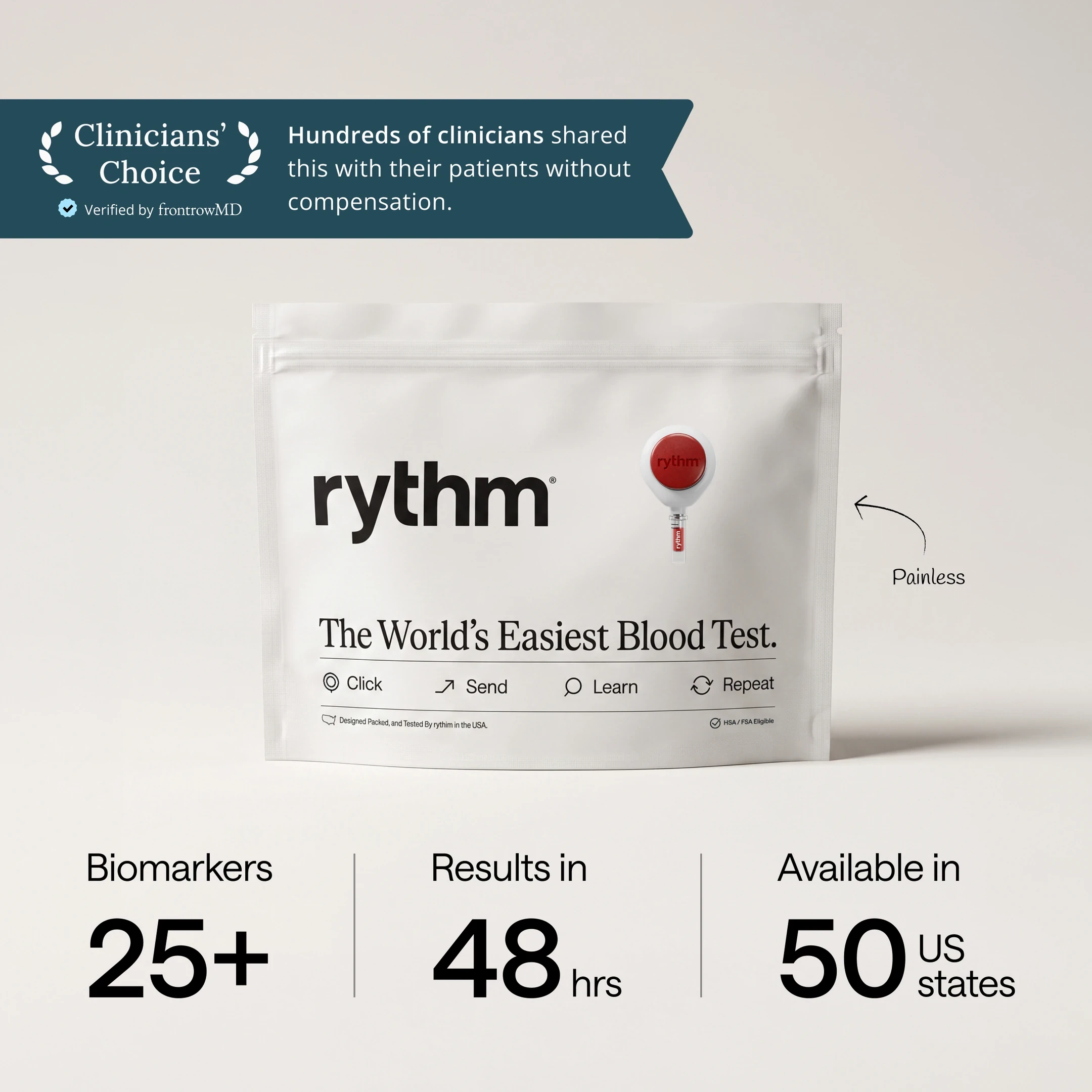 Rythm at-home blood test kit package placed on a wooden surface, showing branding and product details.