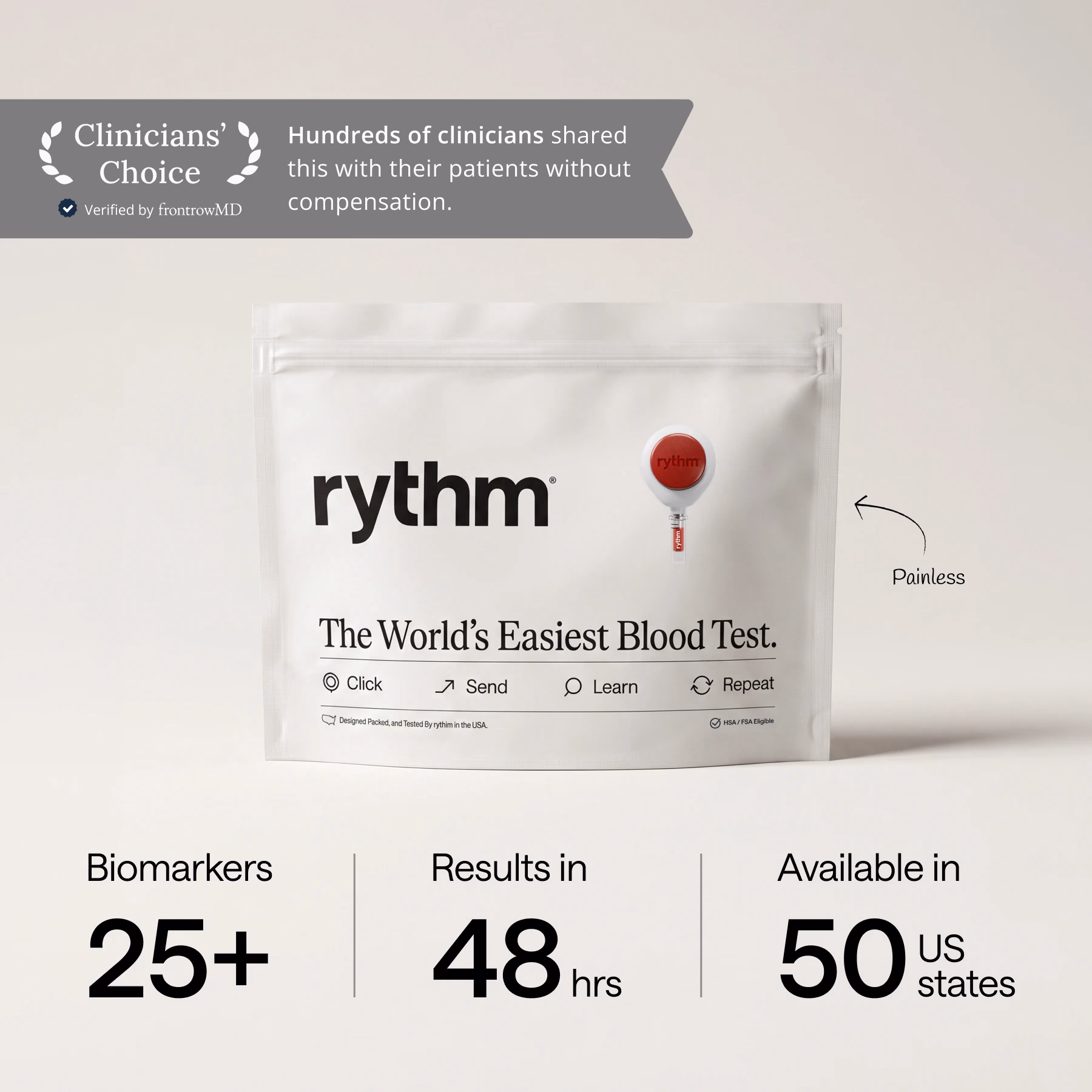 Rythm at-home blood test kit package placed on a wooden surface, showing branding and product details.