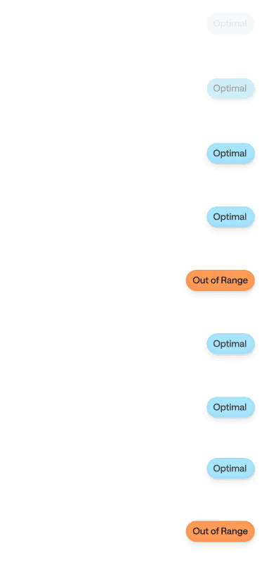 Mobile interface displaying lab results including estrogen, ApoB, albumin, vitamin D, triglycerides, TSH, free T3, creatinine, SHGB, and CRP with status indicators (optimal or out of range).
