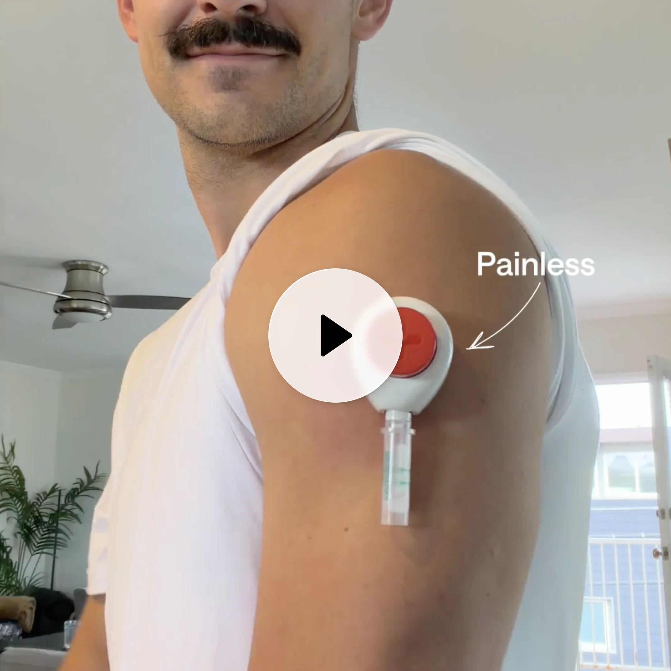 Person sitting on a couch wearing a continuous glucose monitor on the arm, with labels indicating painless use, at-home collection, and results in 72 hours.