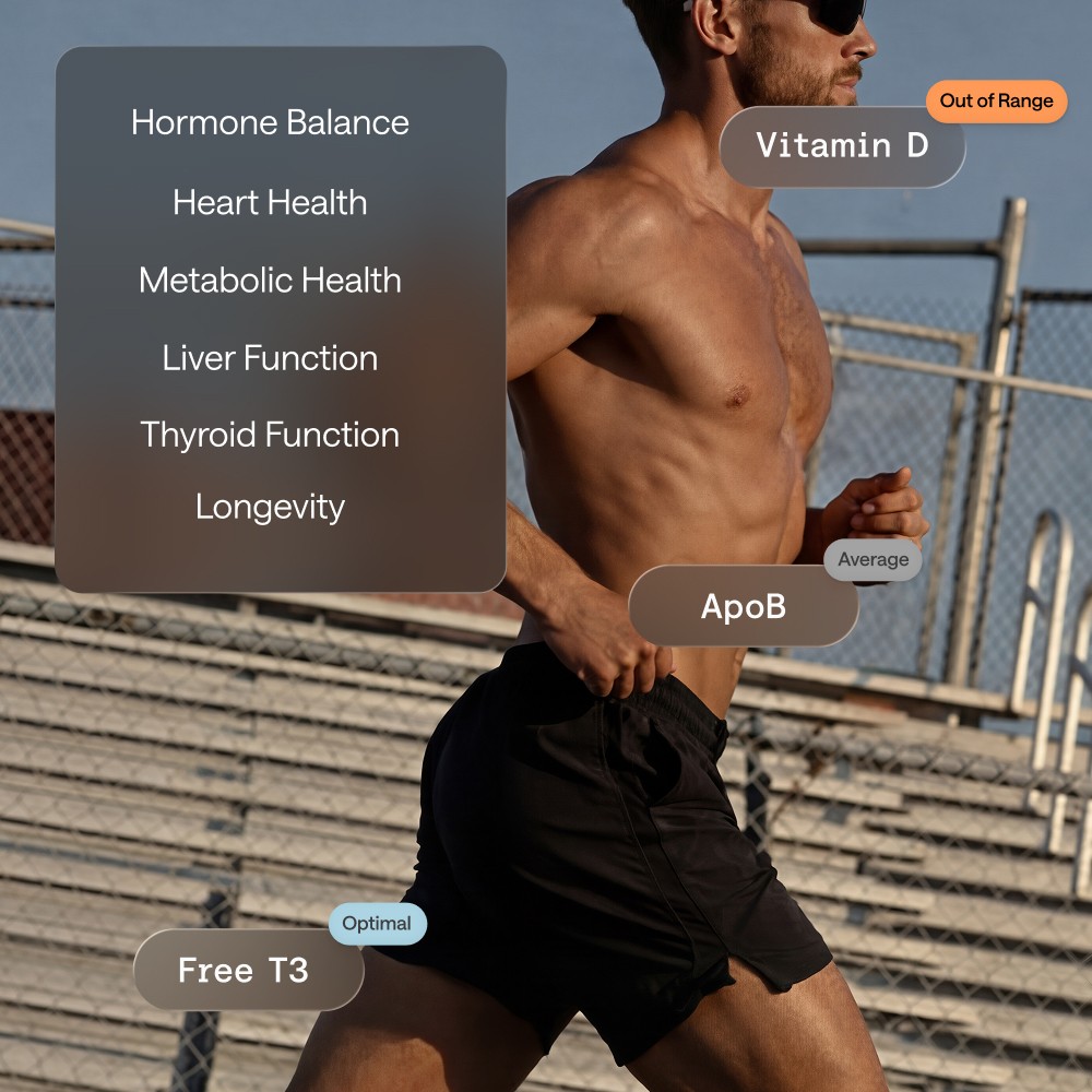 Man running outdoors with overlay labels highlighting health metrics such as hormone balance, heart health, metabolic health, liver function, vitamin D, ApoB, and free T3.