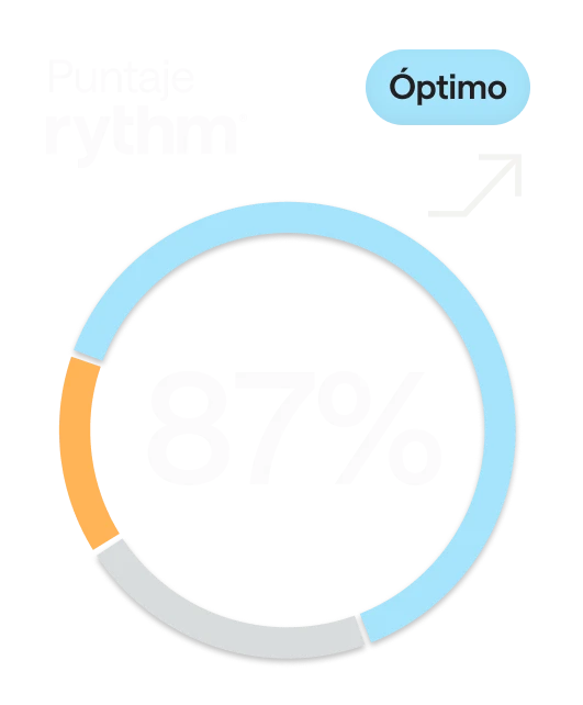 Gráfico de progreso circular que muestra una puntuación de salud Rythm del 87% con un indicador de estado óptimo.