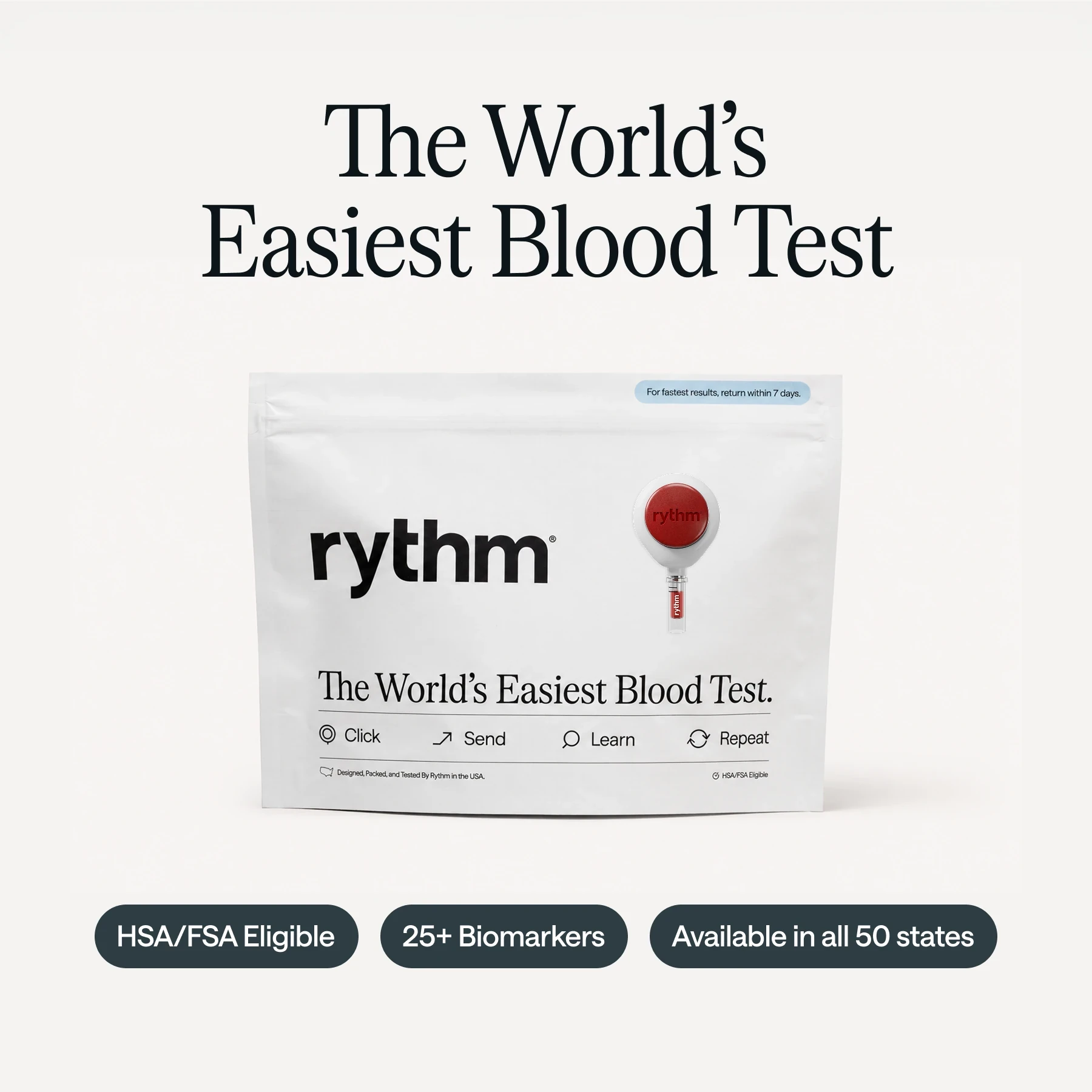 Rythm at-home blood test kit package placed on a wooden surface, showing branding and product details.