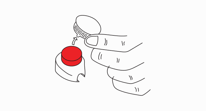 A line drawing of a hand peeling off the circular adhesive backing from a red blood collection device.