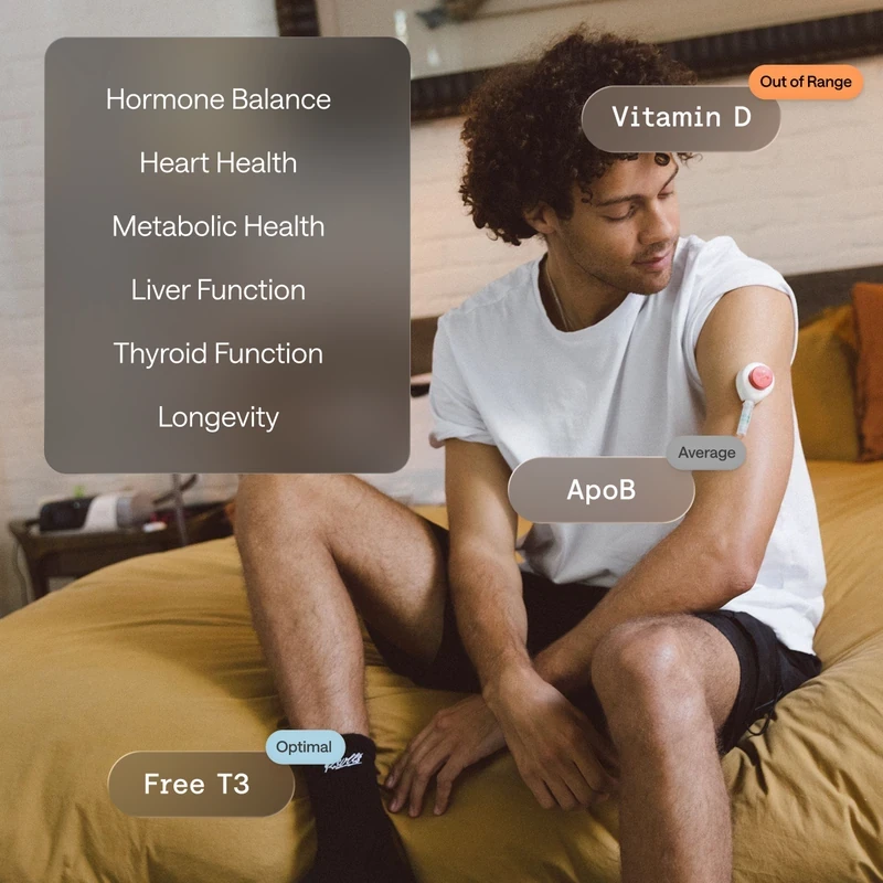 Man running outdoors with overlay labels highlighting health metrics such as hormone balance, heart health, metabolic health, liver function, vitamin D, ApoB, and free T3.