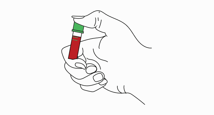A line drawing of a hand pressing the green cap down onto the top of the blood collection tube to close it securely.