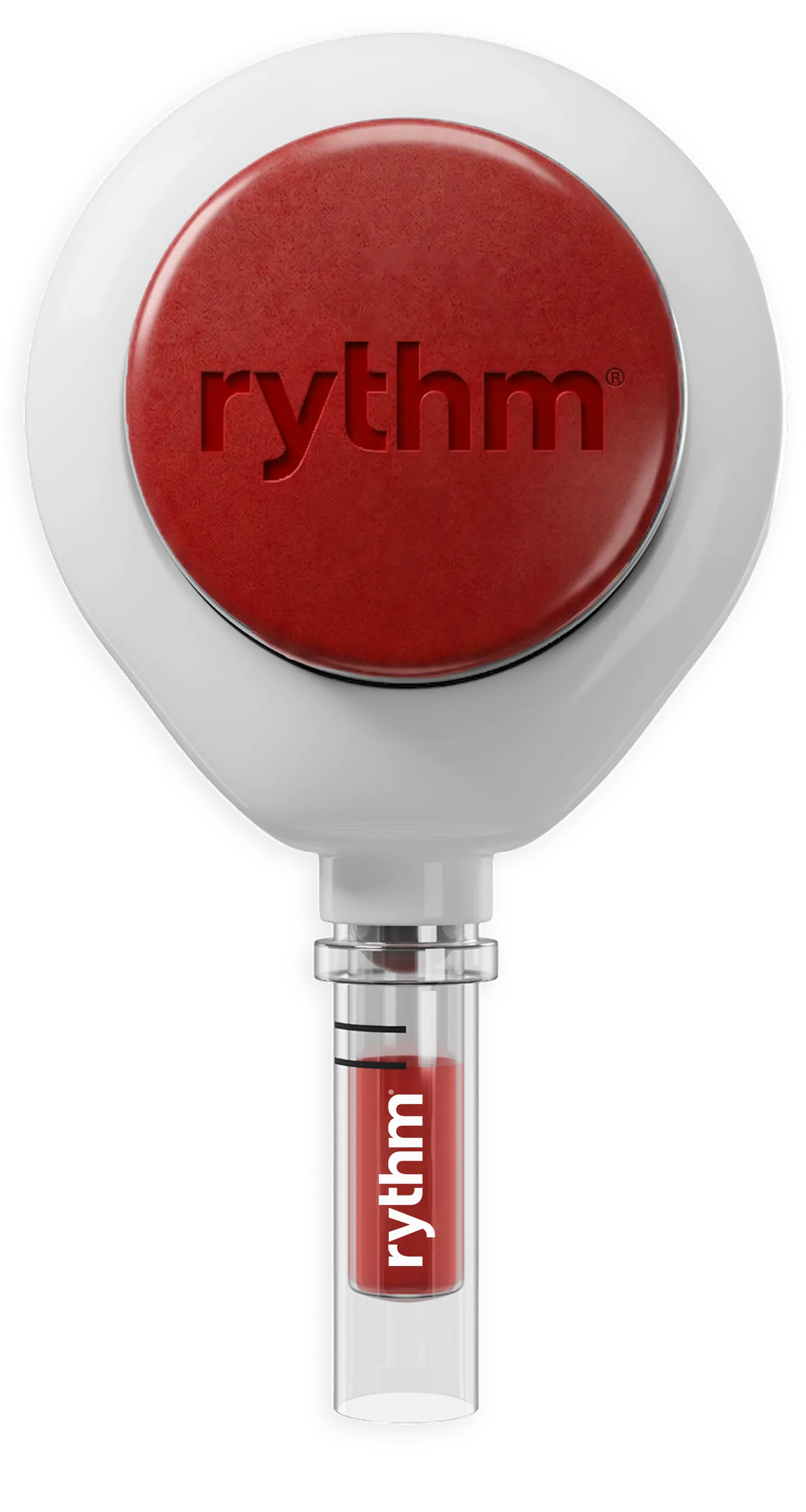 Rythm Health blood testing device with collection vial for at-home biomarker analysis.