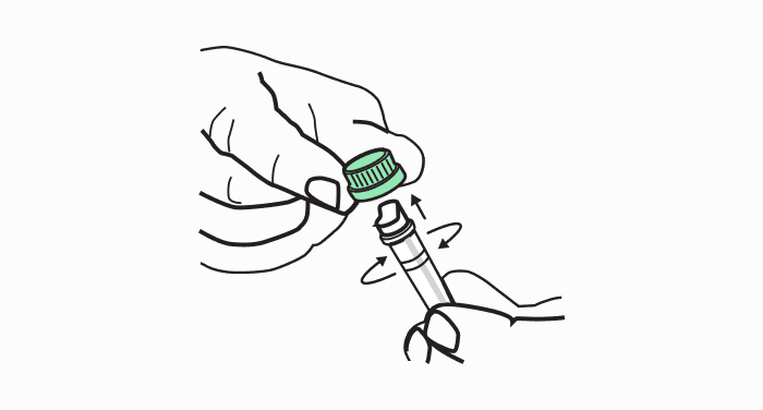 A line drawing of hands twisting and pulling off the green cap from a small collection tube.