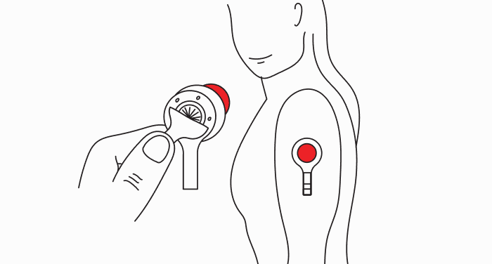 A line drawing of a person with a round red blood collection device attached to their upper arm, while a hand removes the inner mechanism from a second device.
