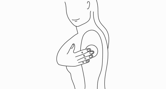 A simple line drawing of a person pressing their hand over a circular spot on the back of their upper arm.