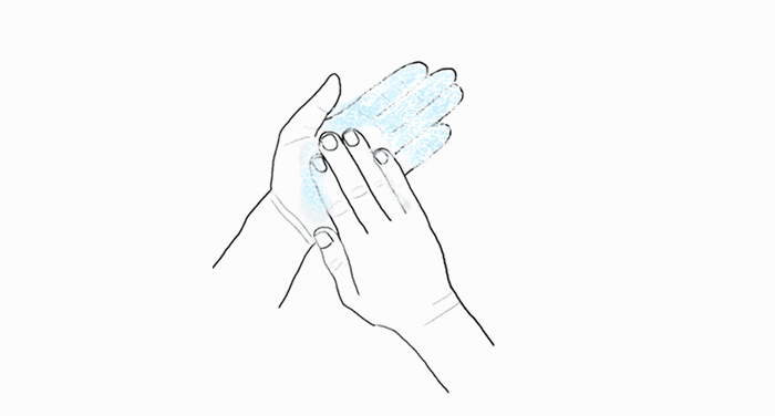 A simple illustration of hands rubbing together with a blue textured area between them, suggesting warming or cleaning.