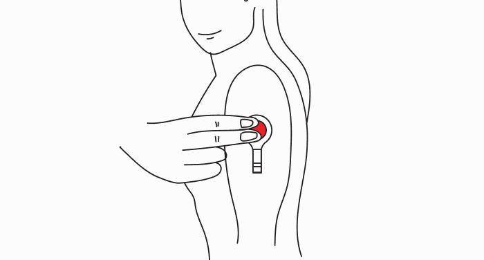 A line drawing of a person pressing on the round red blood collection device attached to the side of their upper arm.