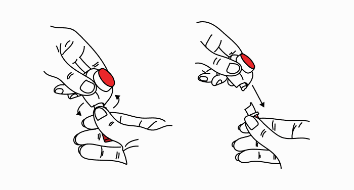 A line drawing showing hands twisting and pulling the small collection tube away from the round blood collection device.