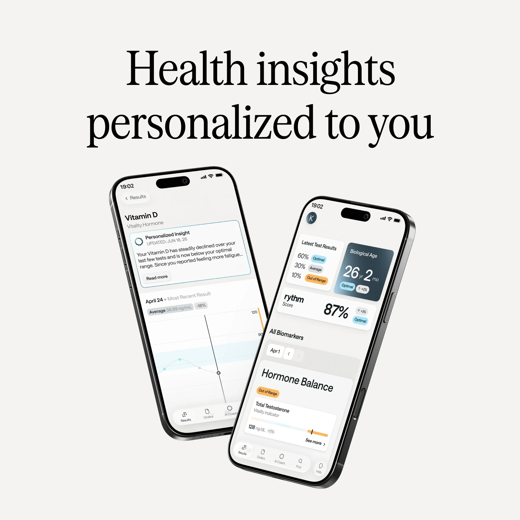 Man running outdoors with overlay labels highlighting health metrics such as hormone balance, heart health, metabolic health, liver function, vitamin D, ApoB, and free T3.
